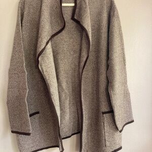 Max Mara cashmere wool blend open front cardigan in brown and cream herringbone